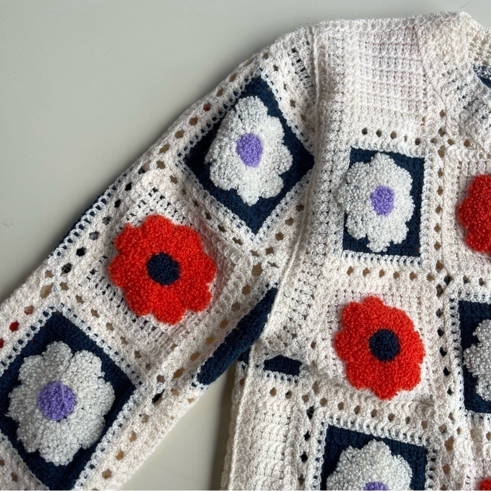 NEW Rebellion Cream Patchwork Crocheted Y2K Sweater Cardigan US S - Picture 4 of 5